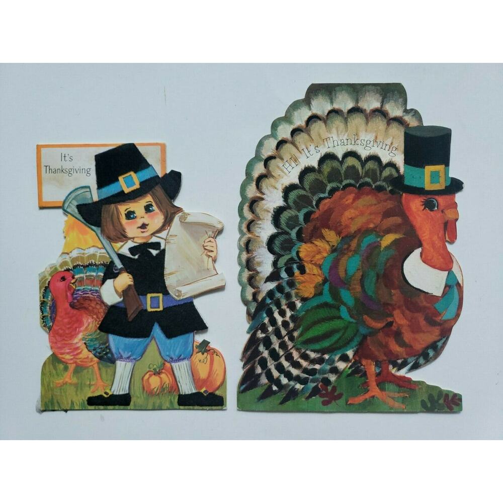 Vintage Thanksgiving Card Rust Craft Ambassador Flocked Pilgrim Turkey Cards U30